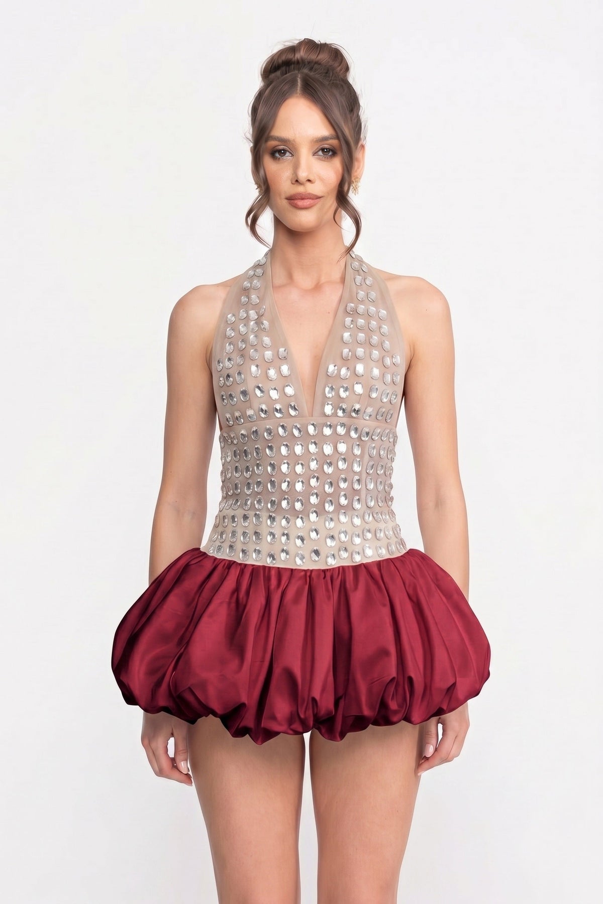 Deep V Halter Crystal Embellished Mini Dress with Bubble Skirt – Red – view 1