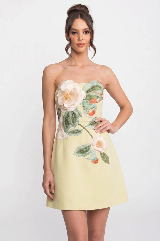 Strapless A-Line Mini Dress with 3D Camellia and Leaf Appliqué – Yellow