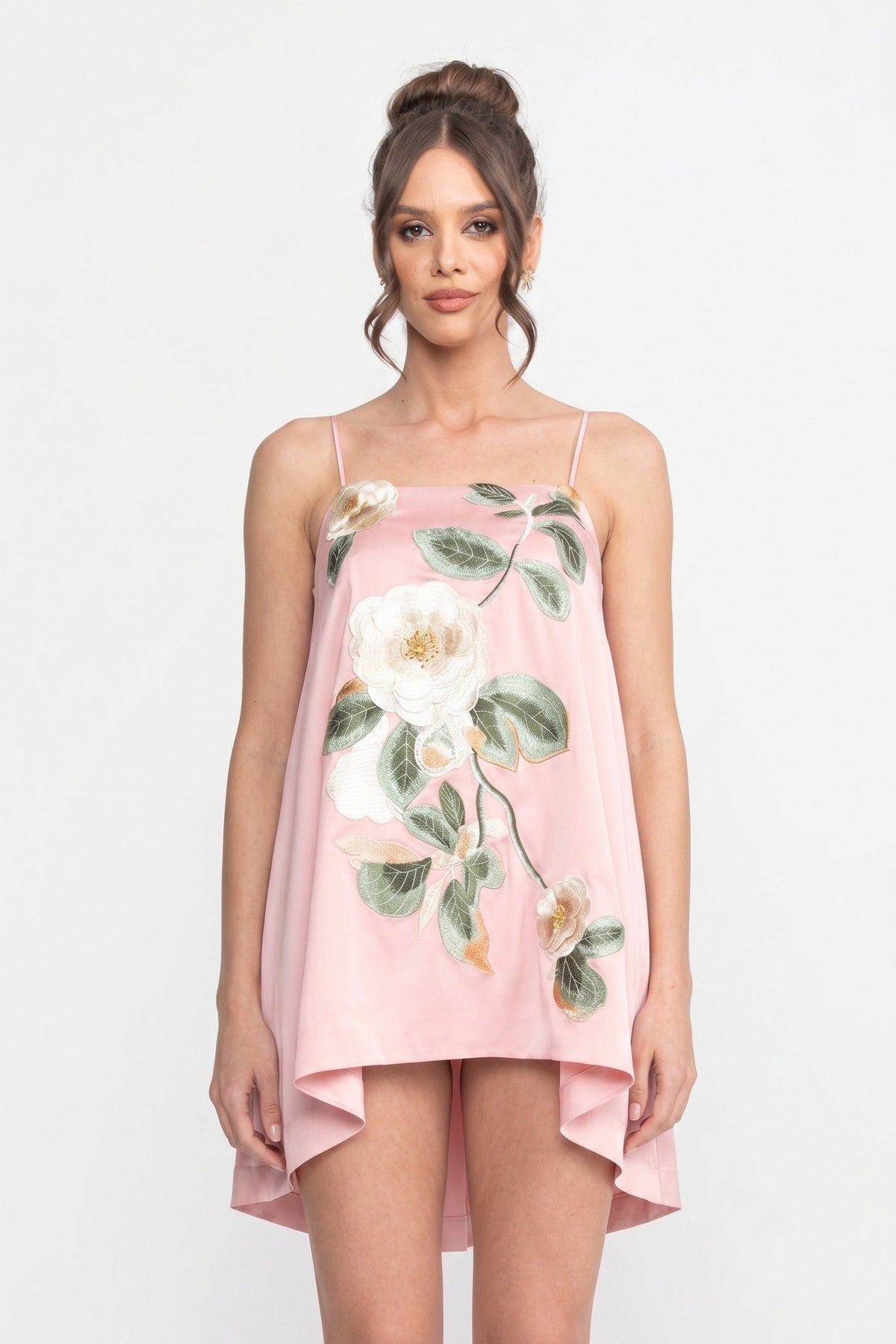 A-Line Mini Dress with Spaghetti Straps and 3D Camellia – Pink