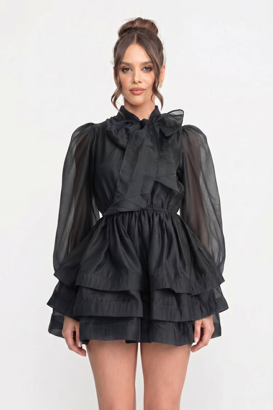 High Neck Bow Puff Sleeve Mini Dress with Tiered Ruffle Skirt – Black