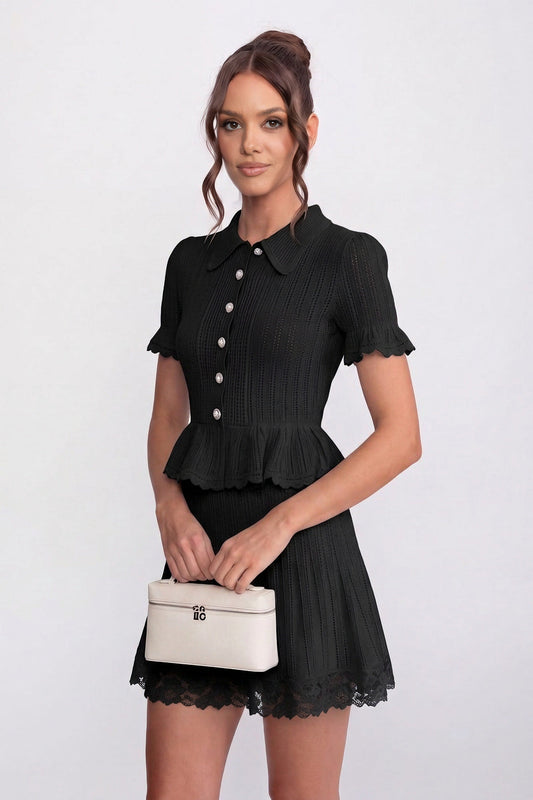 Polo Collar Ribbed Knit Peplum Top and Mini Skirt Set – Black