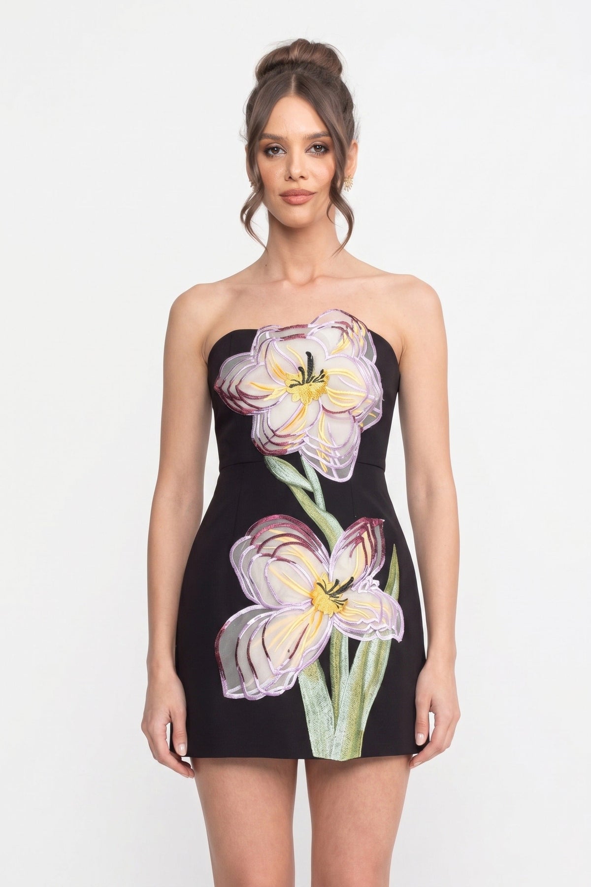 Strapless A-Line Mini Dress with 3D Iris Appliqué Skirt – Black – view 4