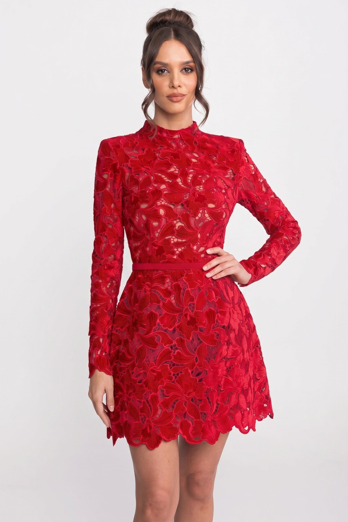 Long Sleeve Floral Lace Mini Dress with High Neck and Scalloped Hem – Red – view 1