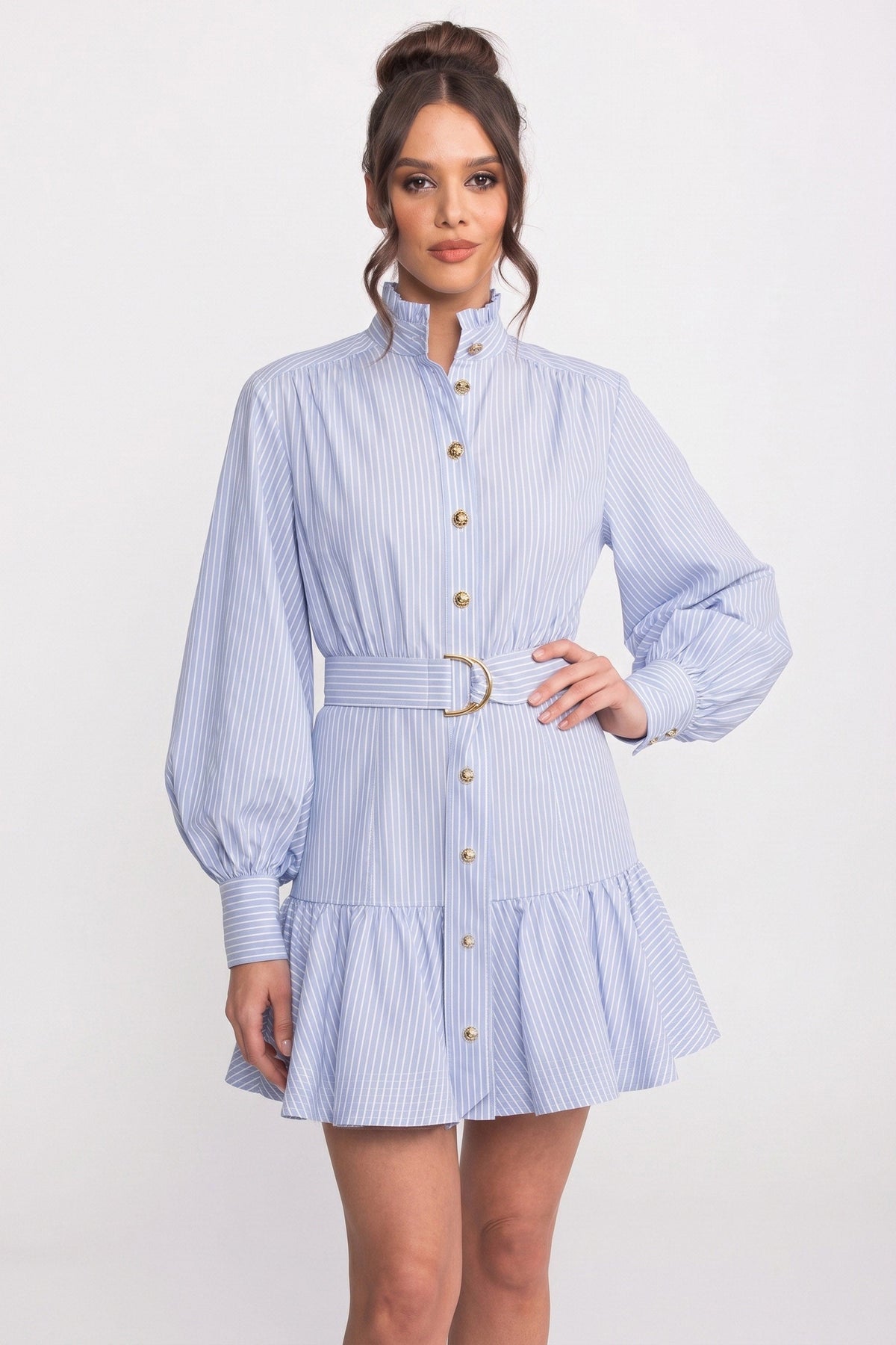 High Neck Striped Mini Dress with Balloon Sleeves and Bow Belt – Blue – view 3