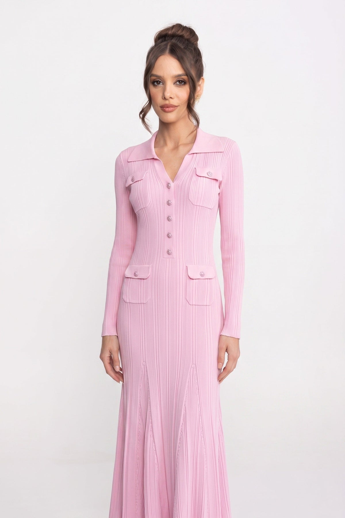Long Sleeve Button-Front Knit Maxi Dress with Patch Pockets – Pink – view 3