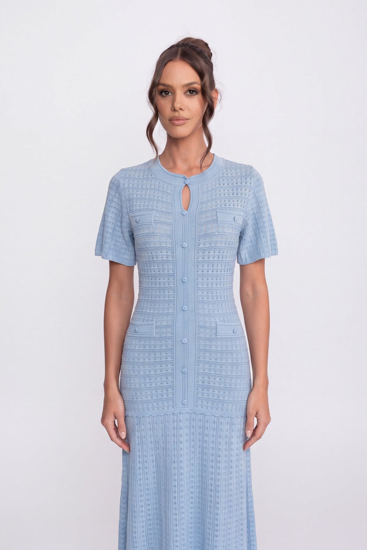 Shimmer Knit Button Front Midi Dress with Pleated Skirt – Light Blue – view 3