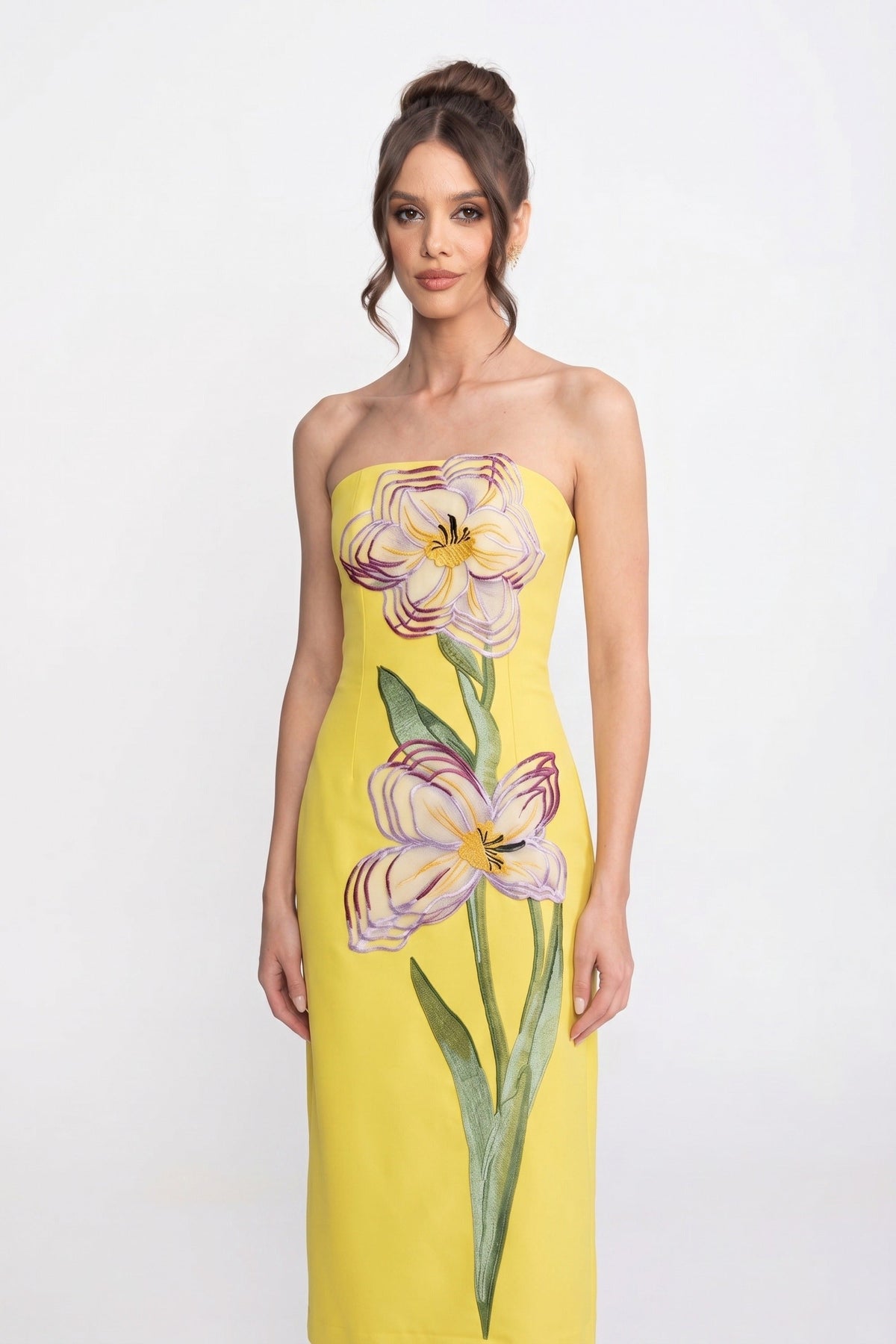 Strapless Column Maxi Dress with Oversized Iris Print – Yellow – view 3
