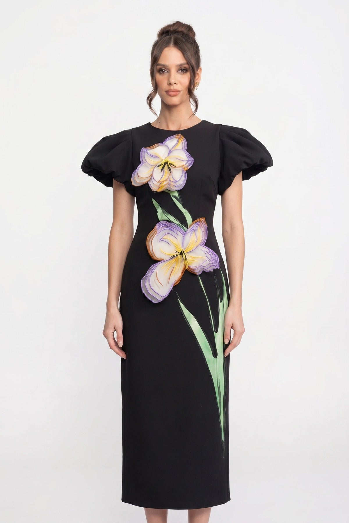 Sculptural Shoulder Column Maxi Dress with 3D Iris Appliqué – Black – view 3