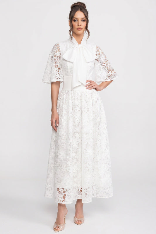 Floral Lace Flutter Sleeve Maxi Dress with 3D Bow Detail – White