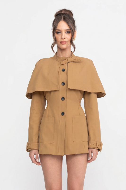 Single-Breasted Trench Coat with Structured Cape Overlay – Beige