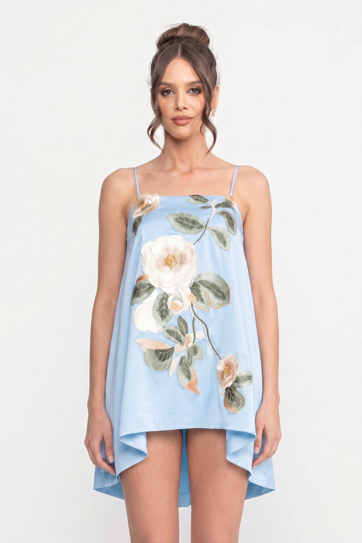 Spaghetti Strap A-Line Mini Dress with 3D Camellia Appliqué – Blue