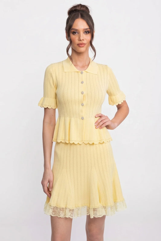 Peter Pan Collar Knit Peplum Top and Mini Skirt Set with Lace Hem – Yellow