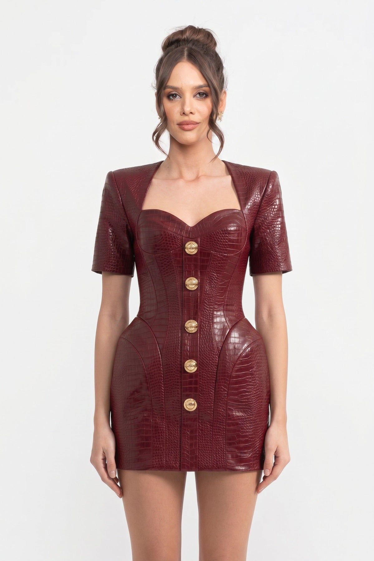 Croc-Effect Sweetheart Mini Dress with Gold Button Front – Red – view 1