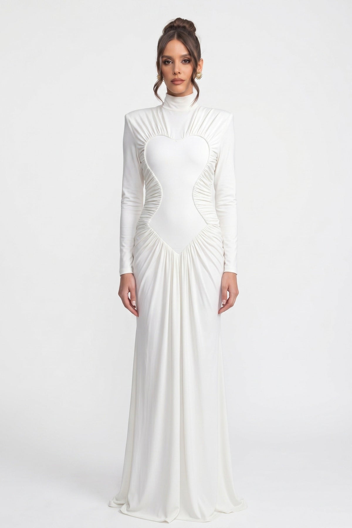 Mock Neck Long Sleeve Ruched Mermaid Gown with Train – White