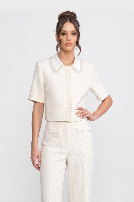 Short Sleeve Embellished Tweed Cropped Jacket with Crystal Collar – Ivoire