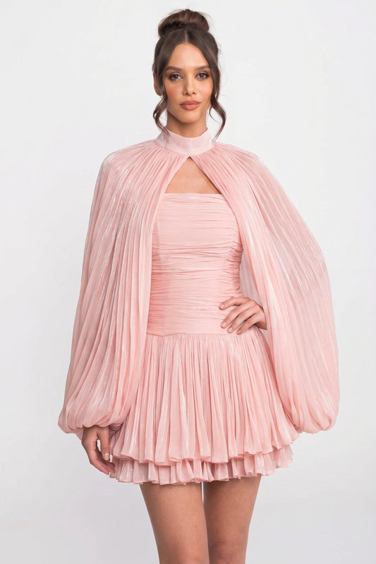 High Neck Balloon Sleeve Pleated Trapeze Mini Dress – Pink