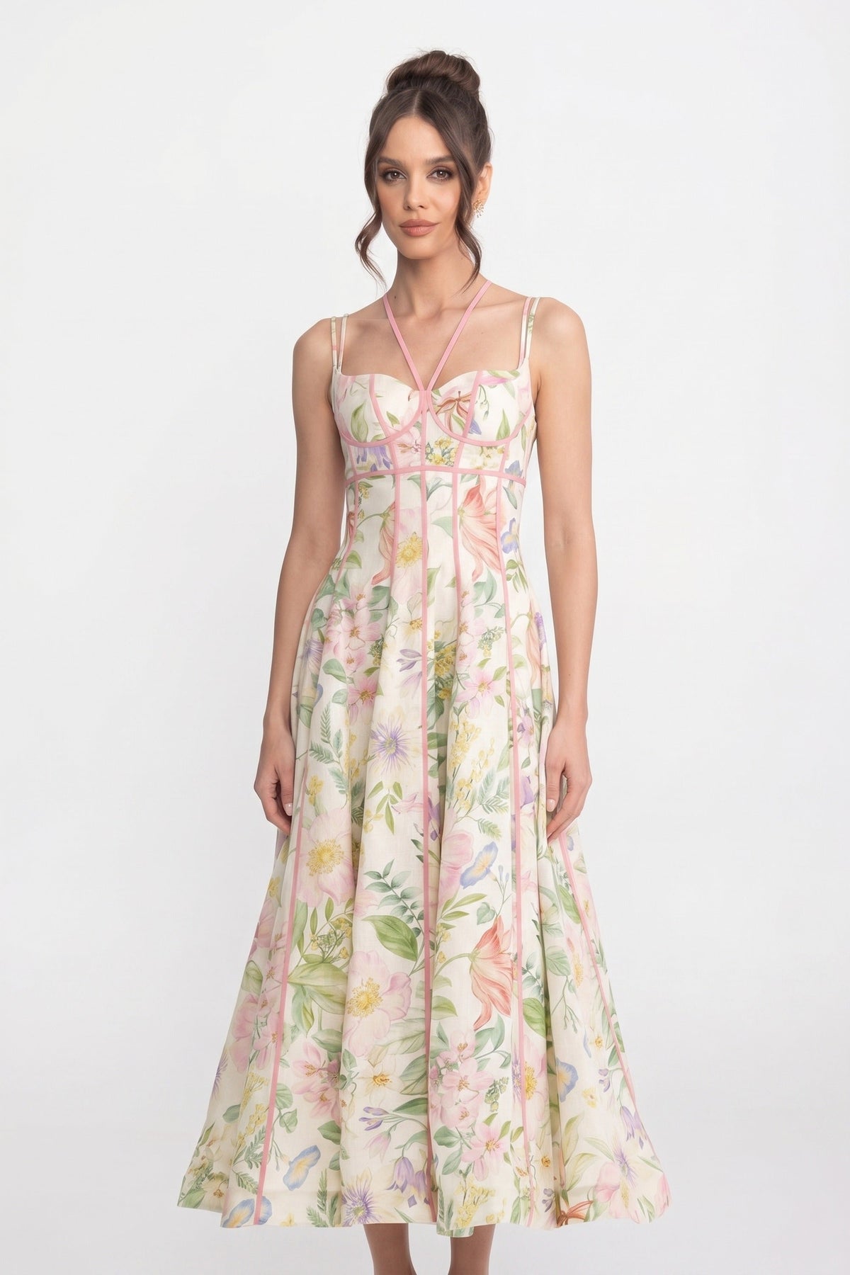 Sweetheart Corset Floral Midi Dress with Ribbon Trim – Multicolour – view 3