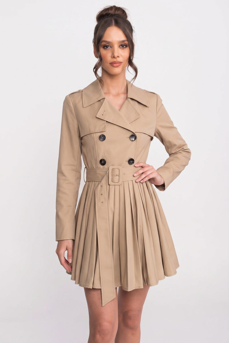 Double-Breasted Belted Trench Coat with Pleated Skirt – Khaki