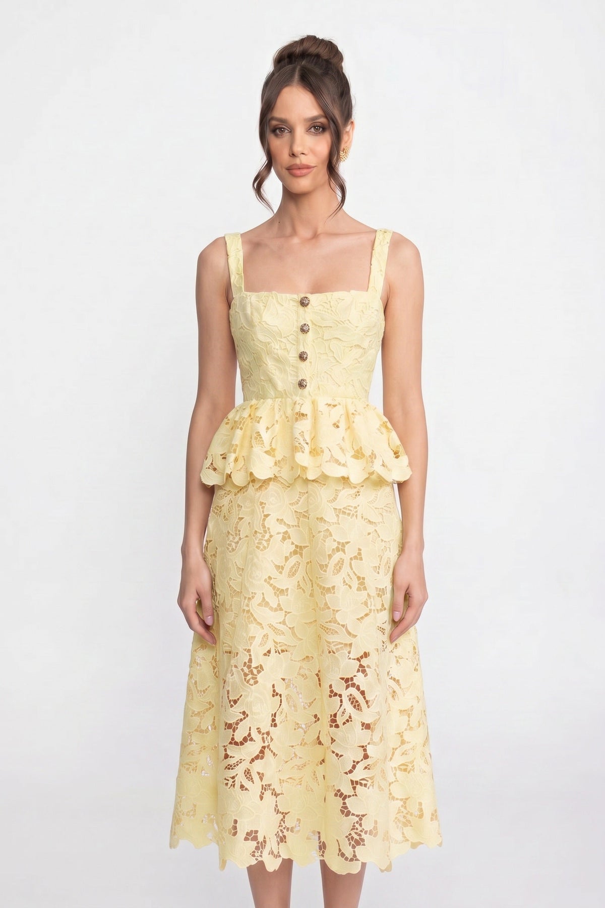 Sleeveless Lace Peplum Midi Dress with Square Neck – Yellow – view 7