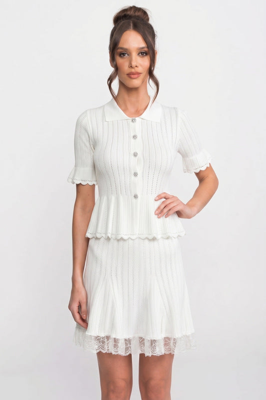 Peter Pan Collar Knit Peplum Top and Mini Skirt Set with Lace Hem – White