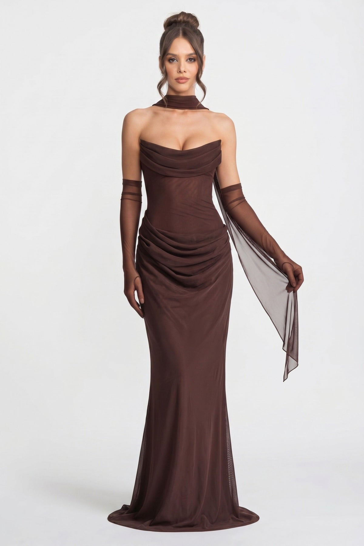 Strapless Cowl Neck Draped Maxi Gown with Sheer Scarf – Brown