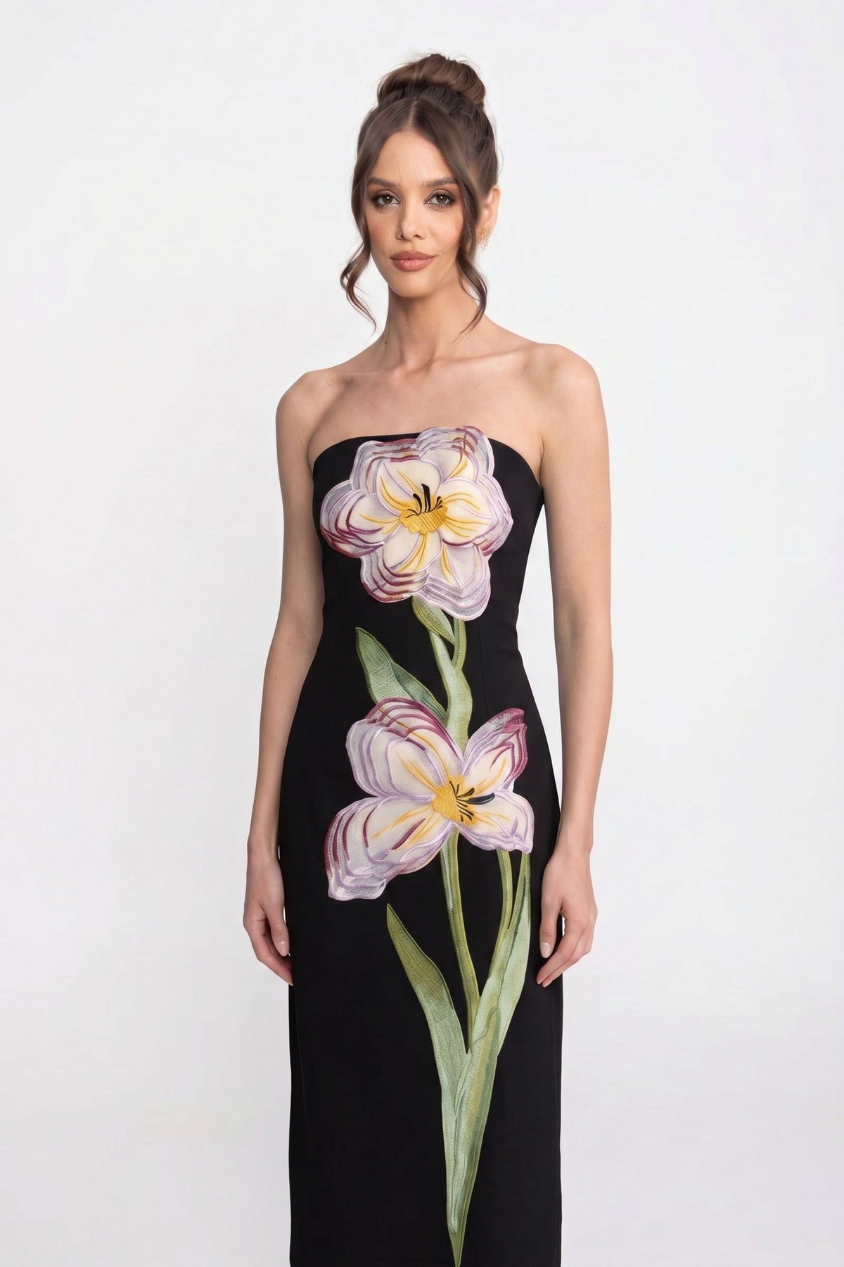 Strapless Iris Floral Print Column Maxi Dress – Black – view 3