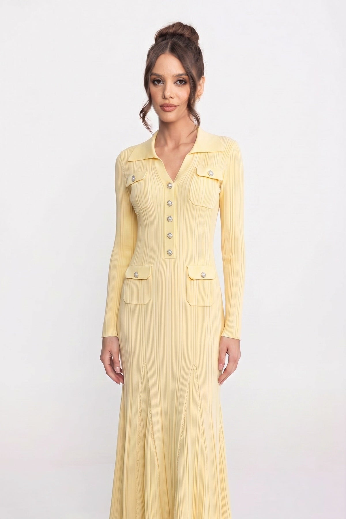 Long Sleeve Button-Front Knit Maxi Dress with Patch Pockets – Yellow