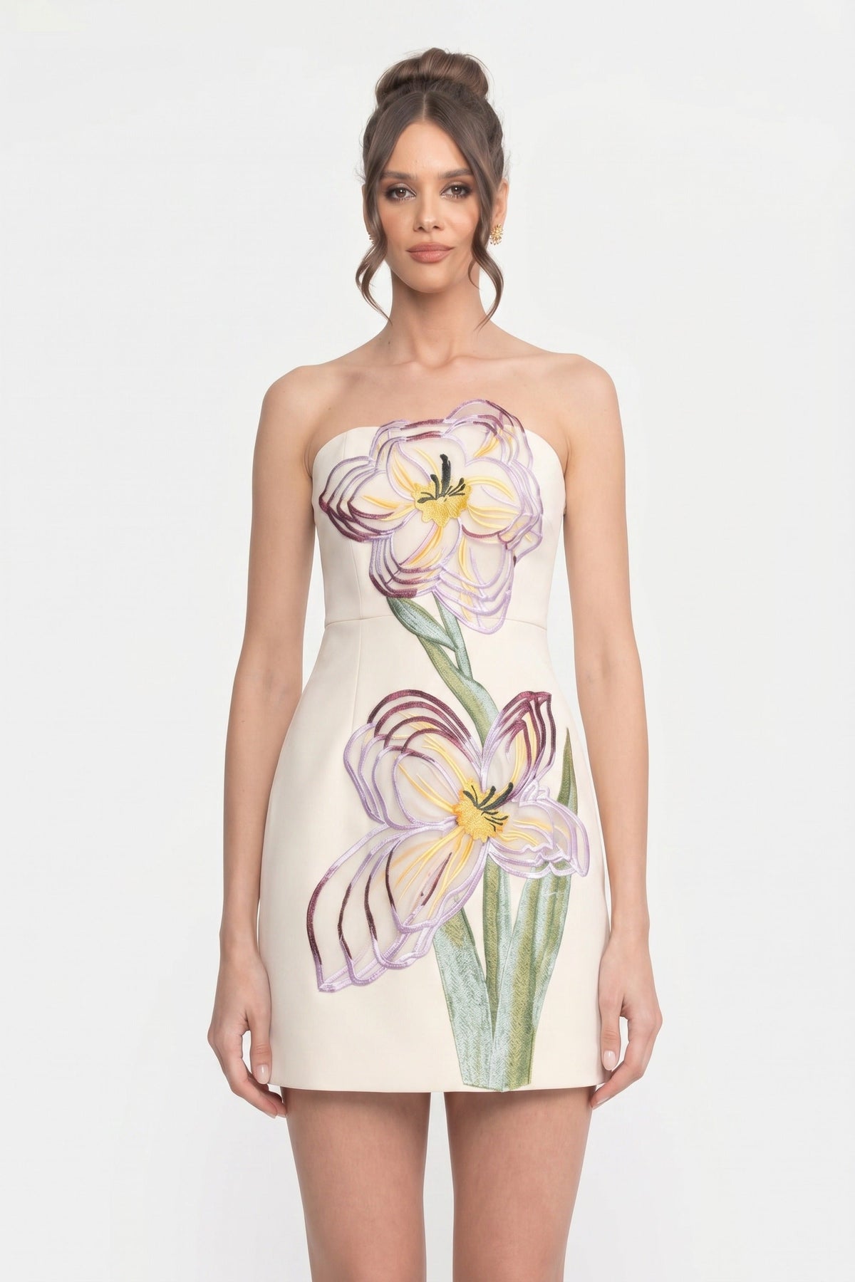 Strapless Structured Mini Dress with 3D Iris and Leaf Appliqué – White – view 3