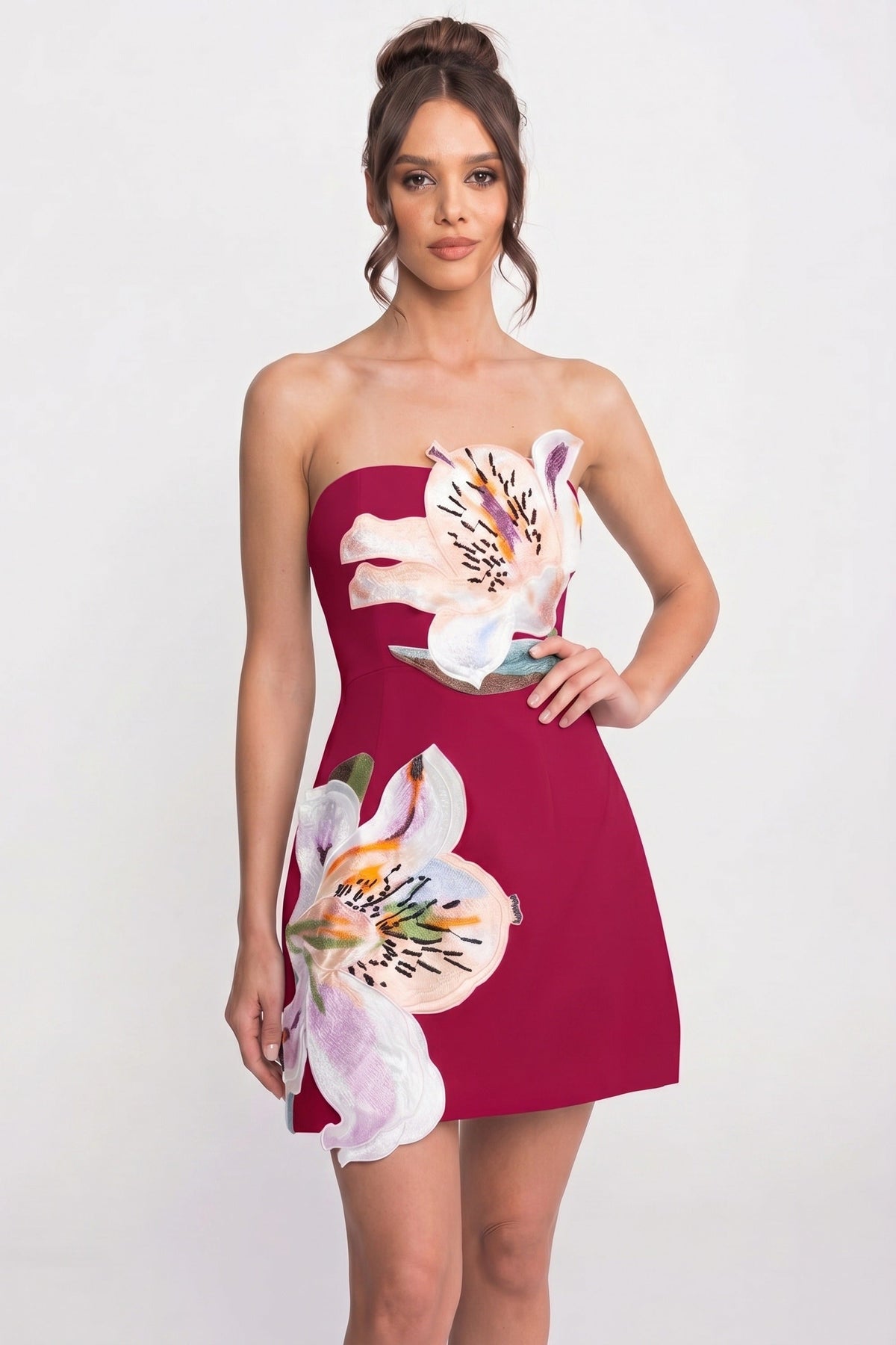 Strapless Botanical Print A-Line Mini Dress with Structured Bodice – Red – view 3