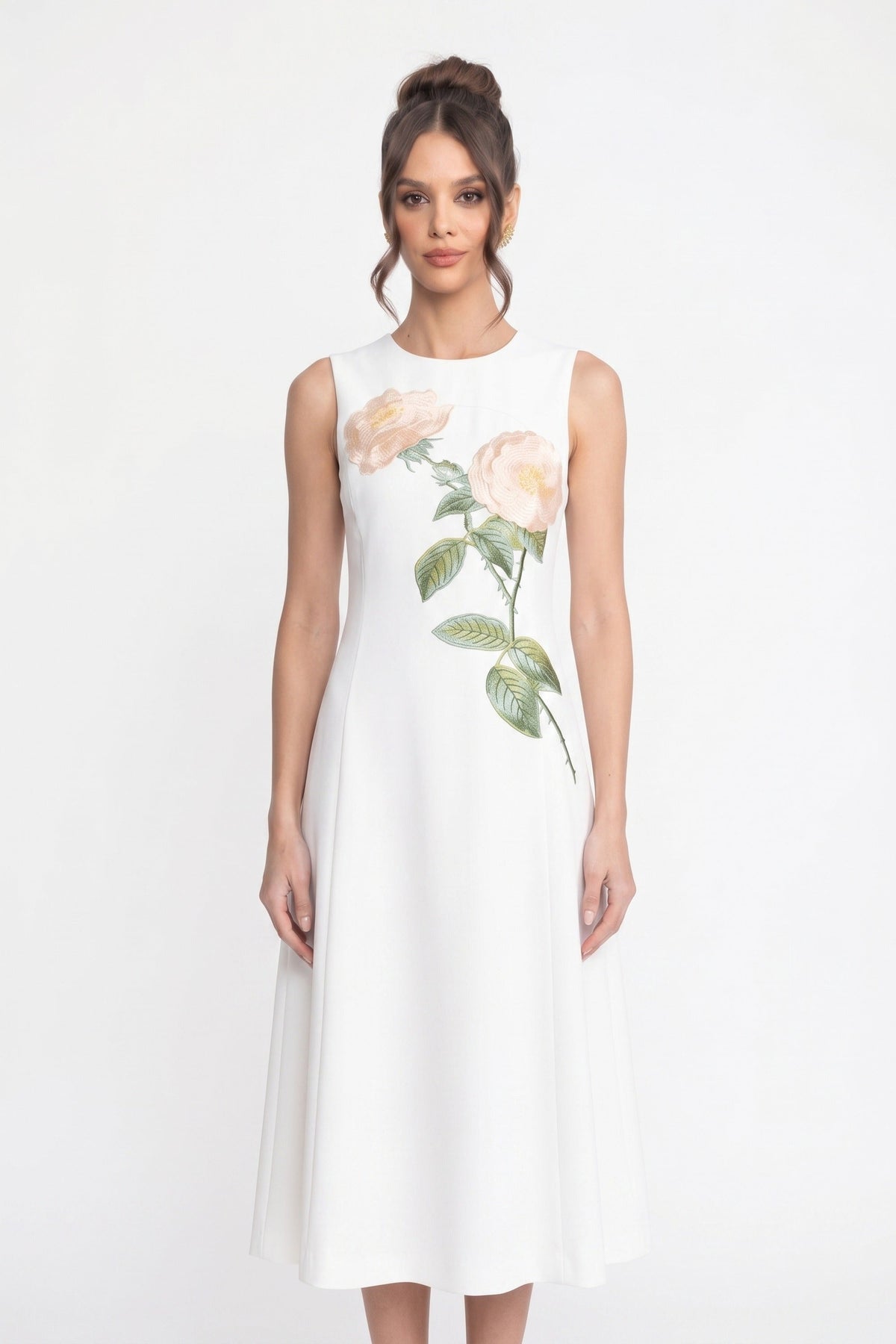Round Neck Midi Dress with 3D Floral Appliqué and Full Skirt – White