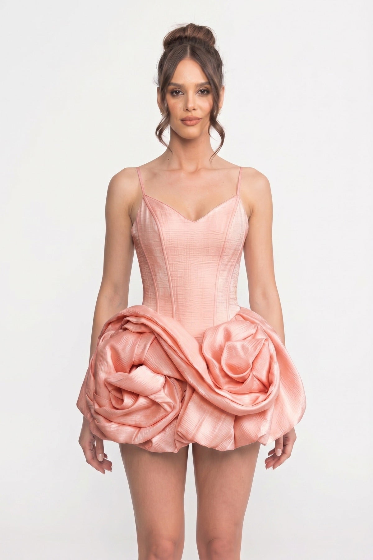 Velvet V-Neck Mini Dress with Spaghetti Straps and 3D Rose Skirt – Pink