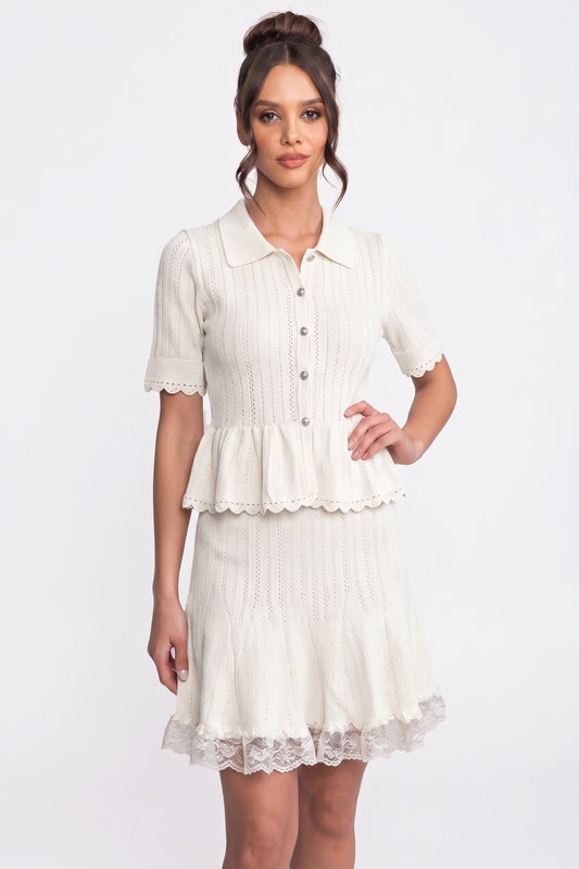 Polo Collar Ribbed Knit Peplum Top and Mini Skirt Set – White