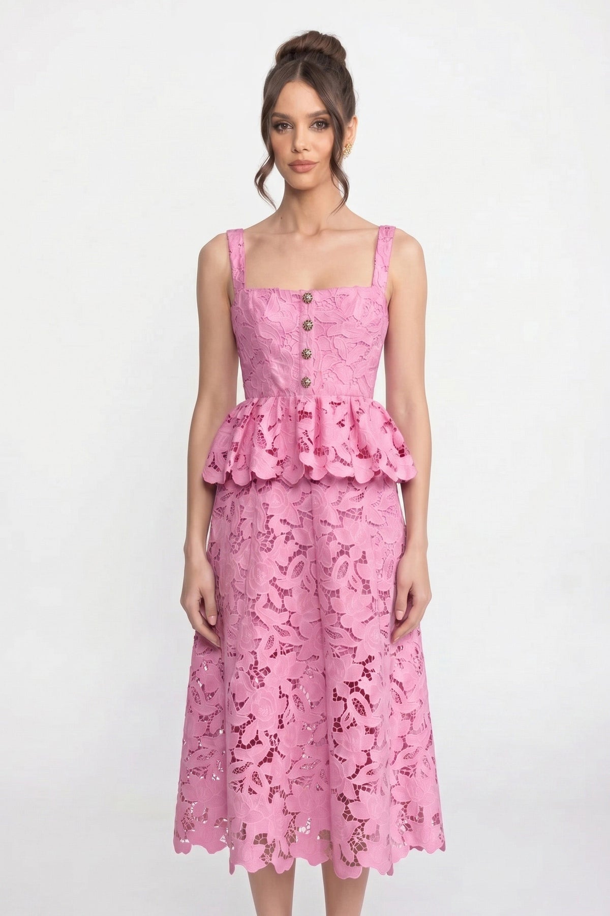 Square Neck Lace Peplum Midi Dress with Golden Buttons – Pink – view 3