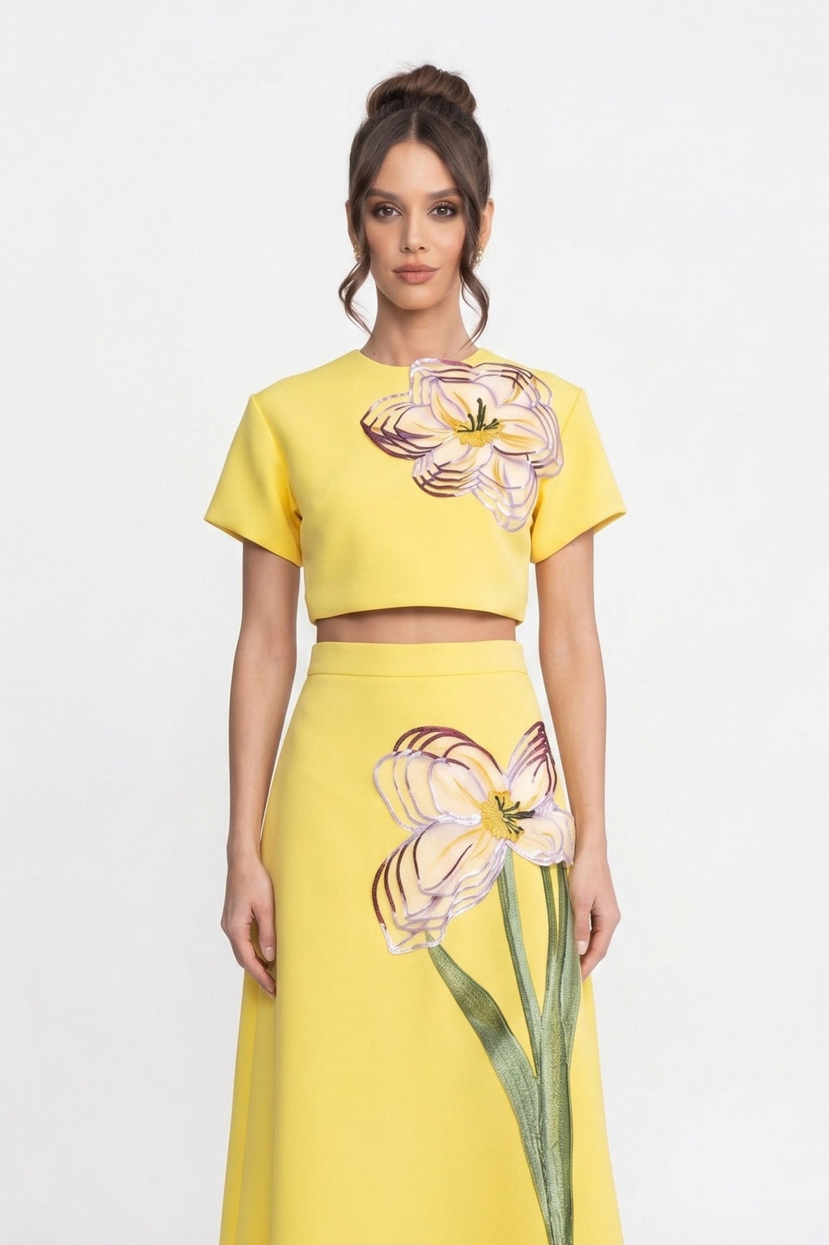 Iris Floral Print Crop Top and A-Line Maxi Skirt Co-ord Set – Yellow – view 3