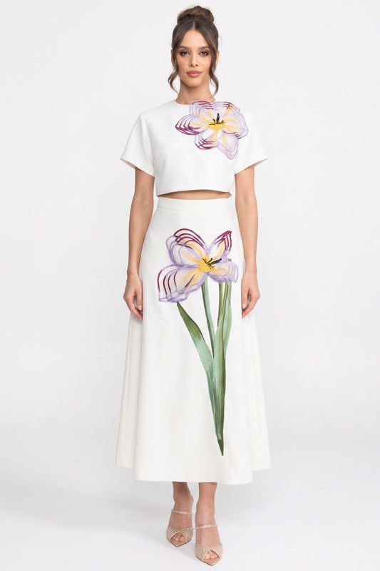 Iris Floral Print Crop Top and A-Line Maxi Skirt Co-ord Set – White