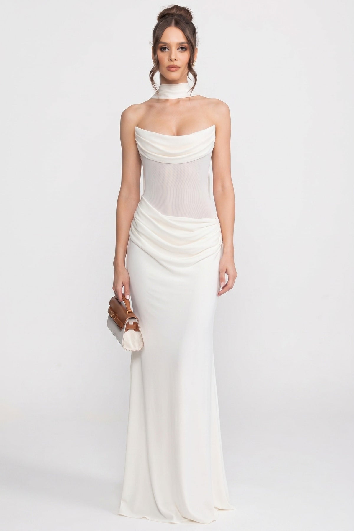 Strapless Draped Mermaid Maxi Gown with Cowl Neck and Sheer Scarf – White