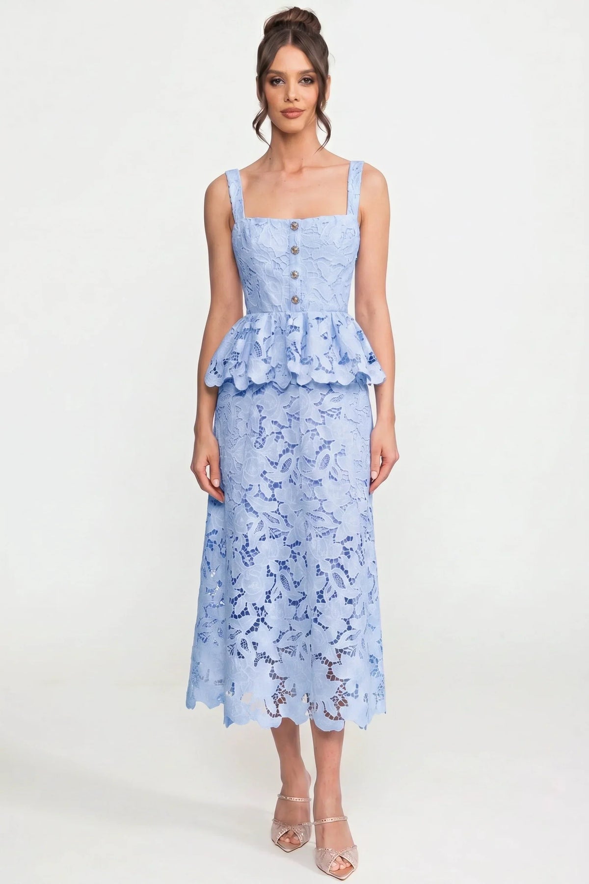 Sleeveless Lace Peplum Midi Dress with Golden Buttons – Blue
