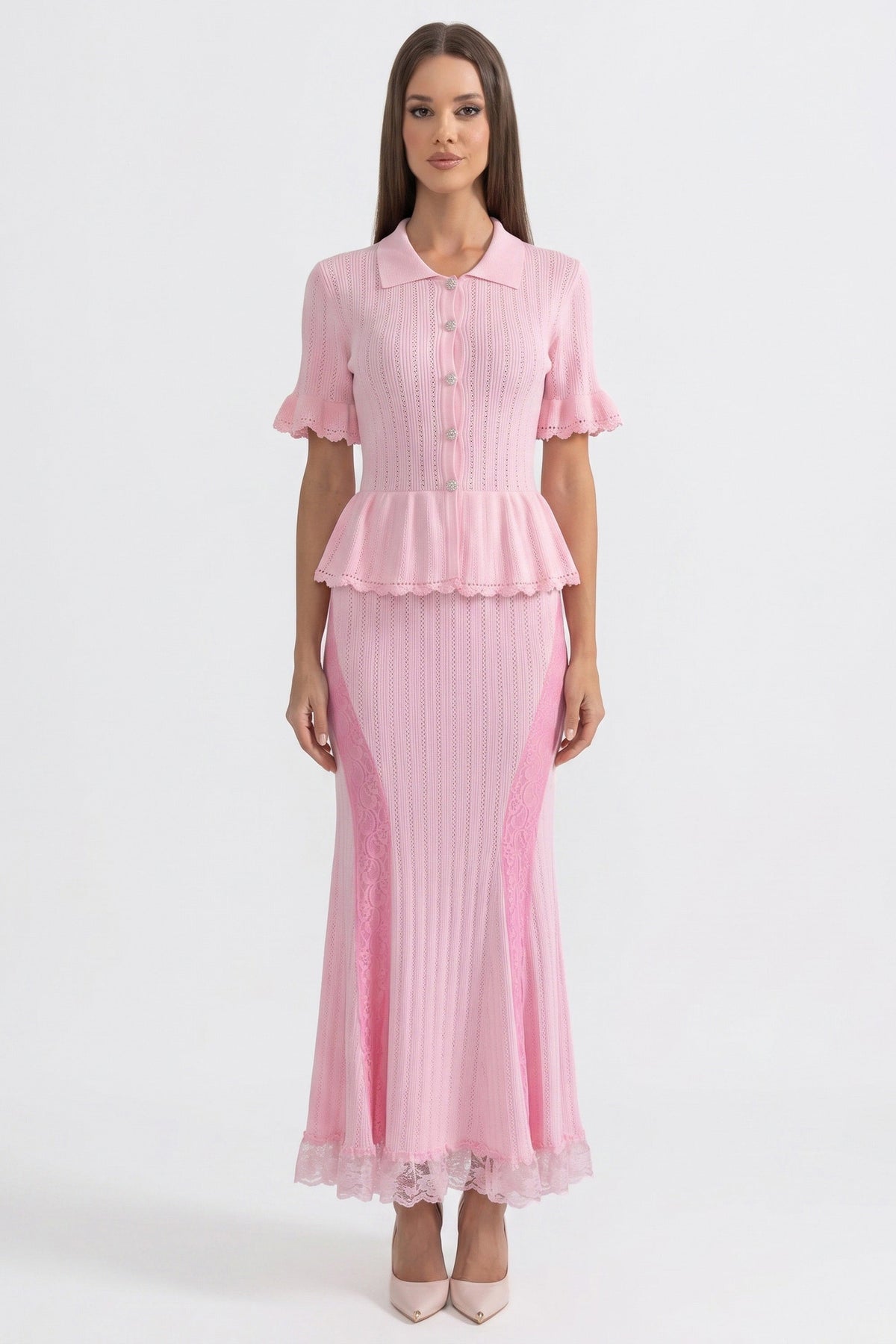 Peter Pan Collar Knit Peplum Maxi Dress with Ruffle Sleeves and Lace Hem – Pink – view 1