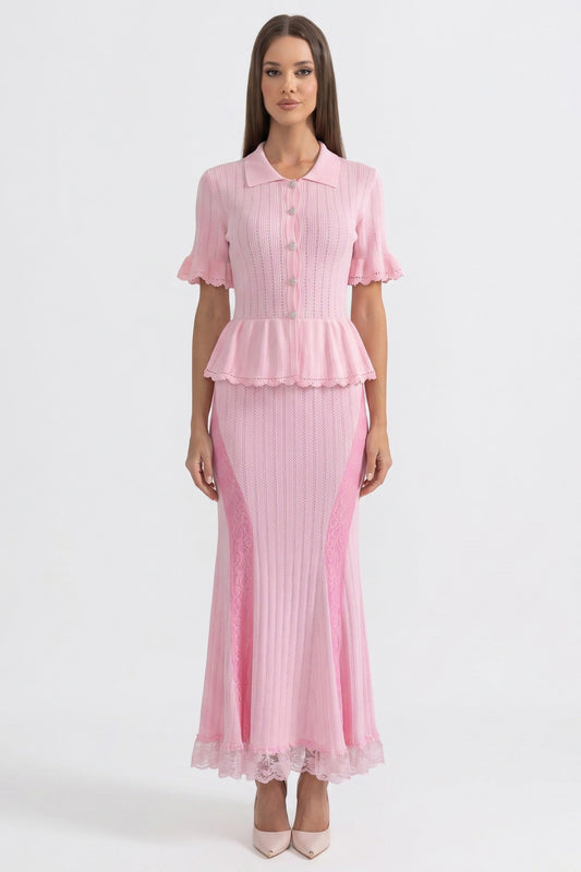 Peter Pan Collar Knit Peplum Maxi Dress with Ruffle Sleeves and Lace Hem – Pink