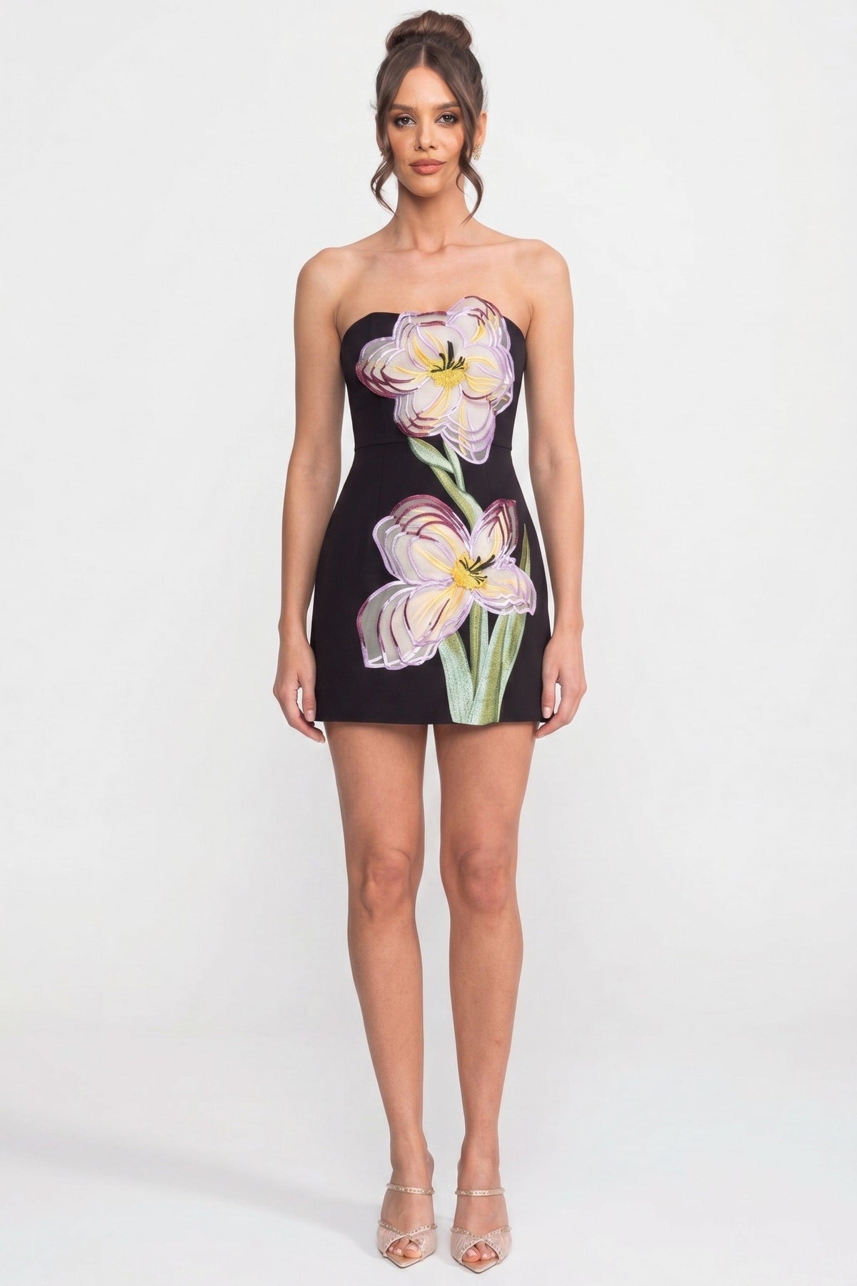 Strapless A-Line Mini Dress with 3D Iris Appliqué Skirt – Black – view 3