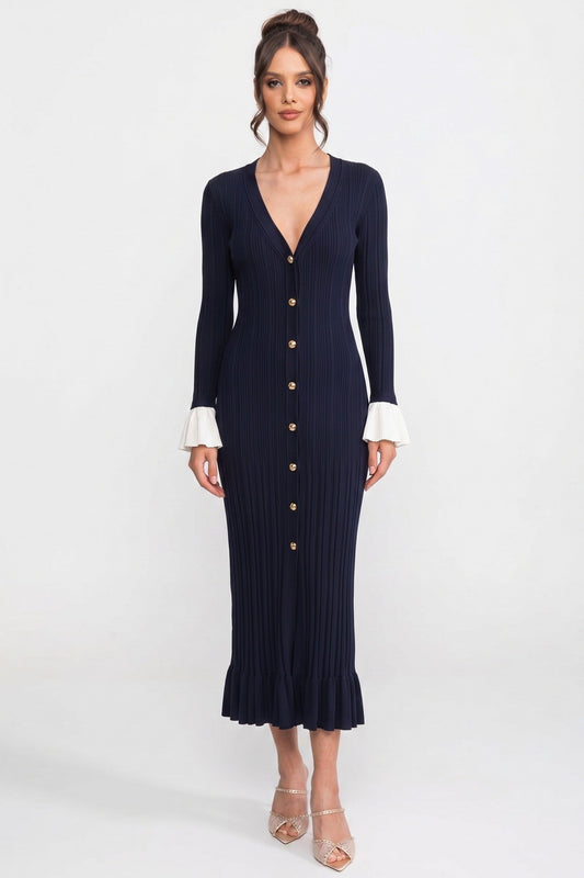V-Neck Pleated Knit Maxi Dress with Contrast White Cuffs – Navy