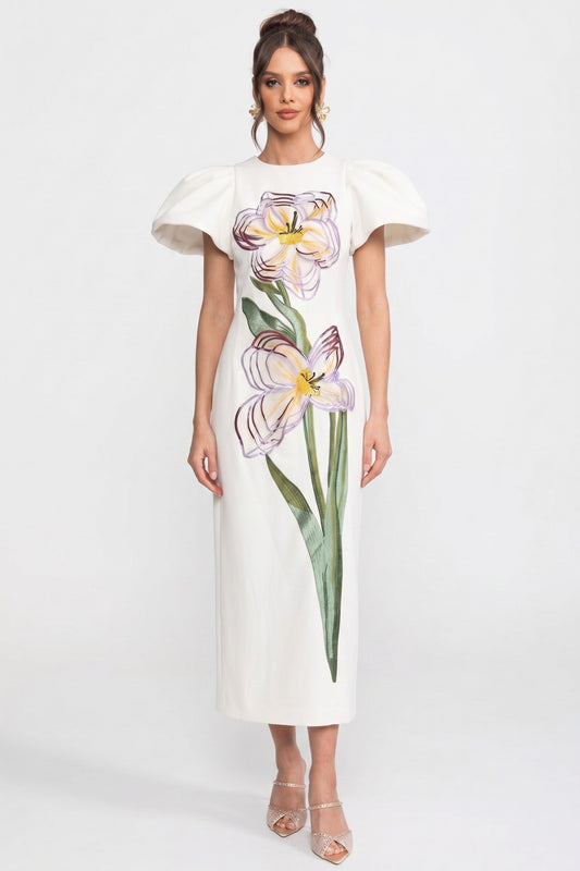 Structured Shoulder Maxi Dress with 3D Iris and Leaf Appliqué – White