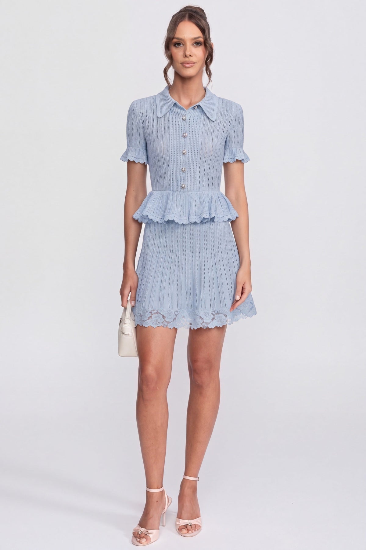 Polo Collar Ribbed Knit Peplum Top and Mini Skirt Set – Blue – view 3