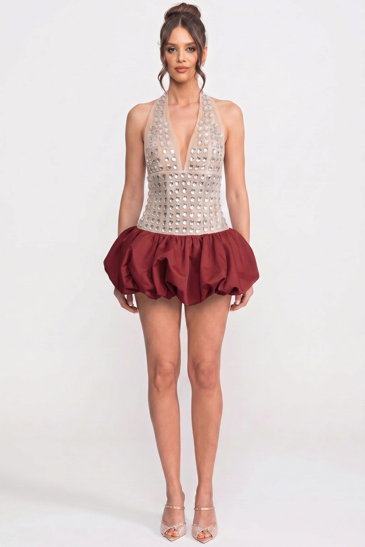 Deep V Halter Crystal Embellished Mini Dress with Bubble Skirt – Red – view 4