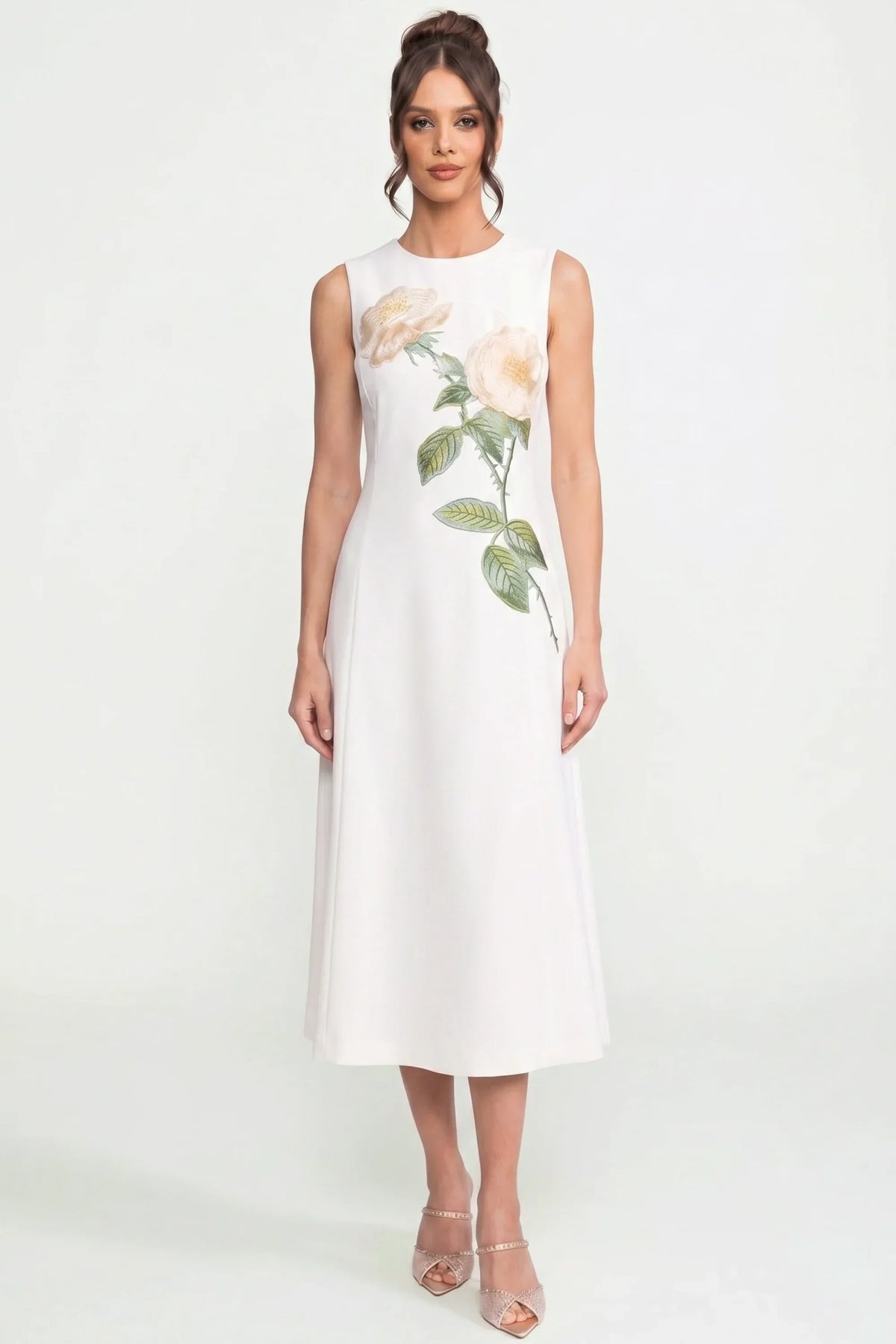 Round Neck Midi Dress with 3D Floral Appliqué and Full Skirt – White