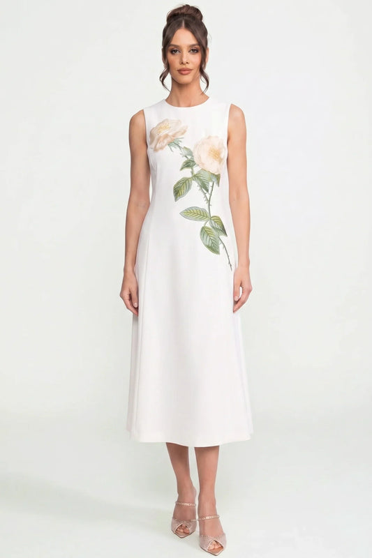 Round Neck Midi Dress with 3D Floral Appliqué and Full Skirt – White