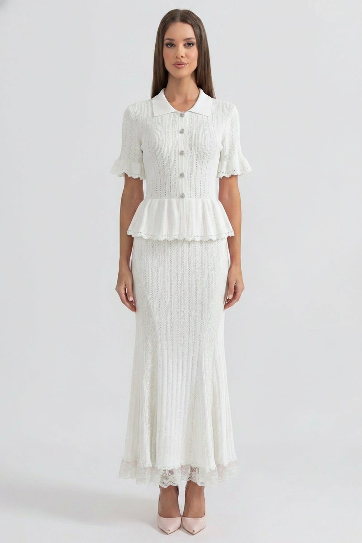 Peter Pan Collar Knit Peplum Maxi Dress with Ruffle Sleeves and Lace Hem – White