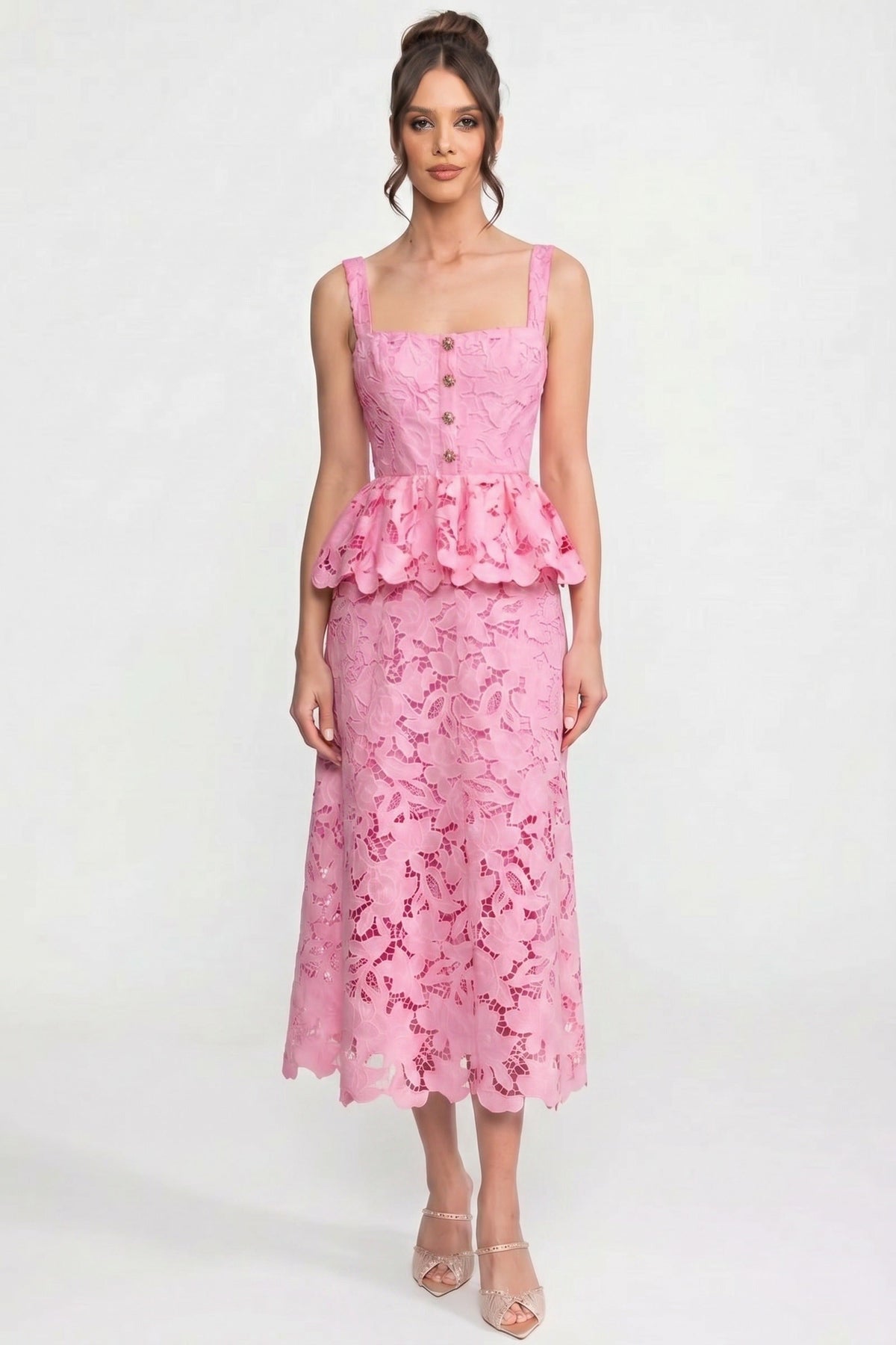 Square Neck Lace Peplum Midi Dress with Golden Buttons – Pink
