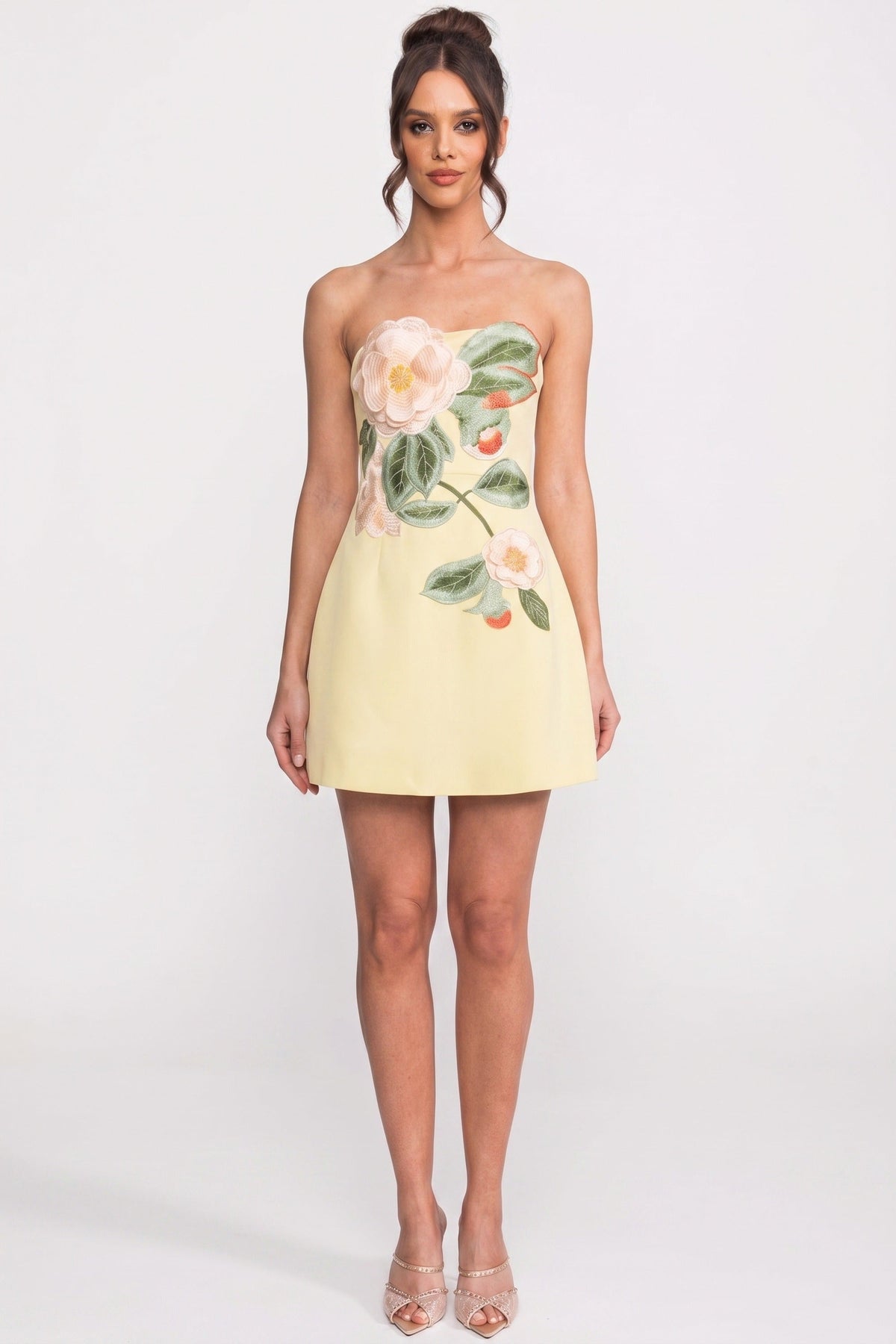 Strapless A-Line Mini Dress with 3D Camellia and Leaf Appliqué – Yellow – view 3