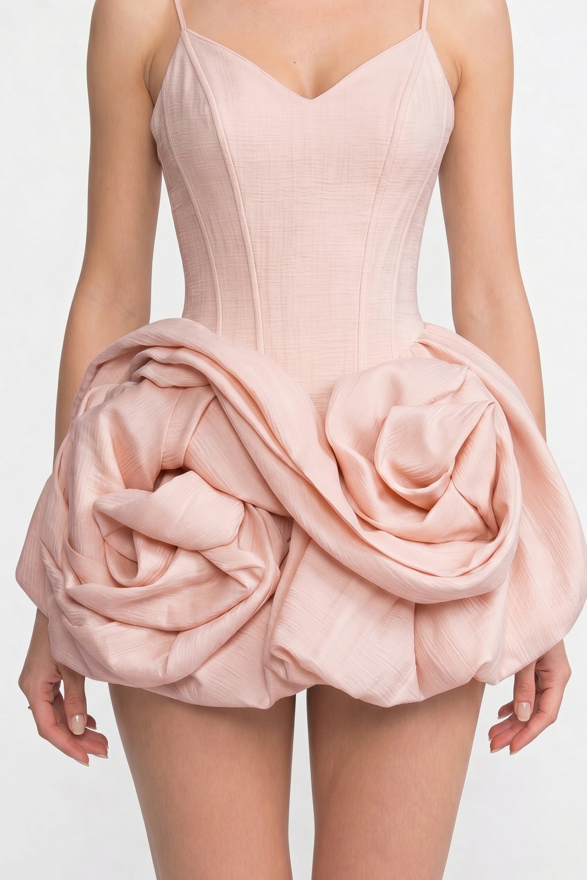 Velvet V-Neck Mini Dress with Spaghetti Straps and 3D Rose Skirt – Pink